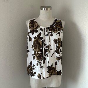 Hot Cotton Sleeveless Blouse Pullover Linen Blend Brown Floral Graphic Airy Sz S